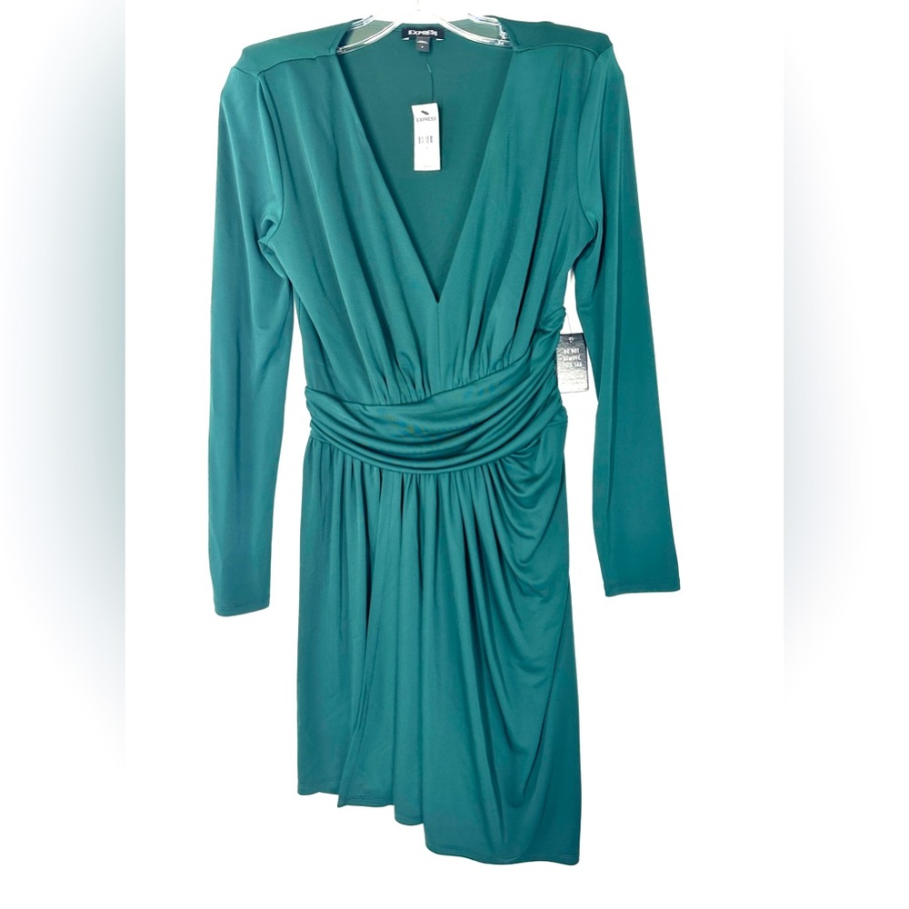 Express Women Size Small Green Knit Ruched Asymmetrical Dress Long Sleeves NWT